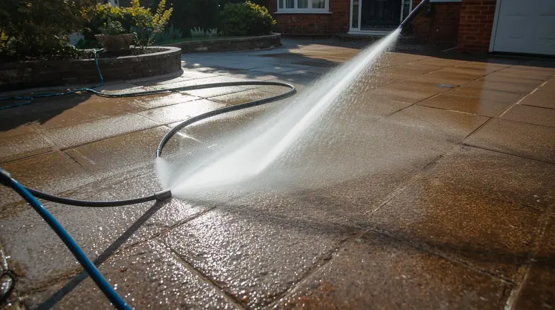 A driveway being cleaned with a pressure washer